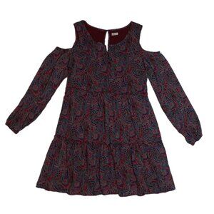 Hollister Red Paisley Open Shoulder Long Sleeve Boho Dress Sz M